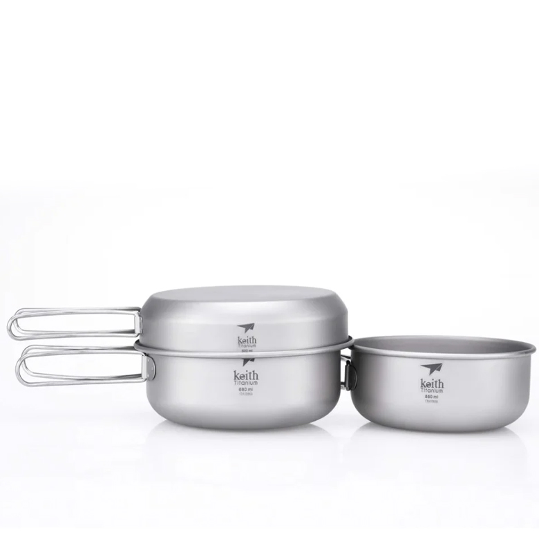 Nồi Keith 3-Piece Titanium Pot and Pan Cook Set 2 nồi titanium quai gập xếp chồng