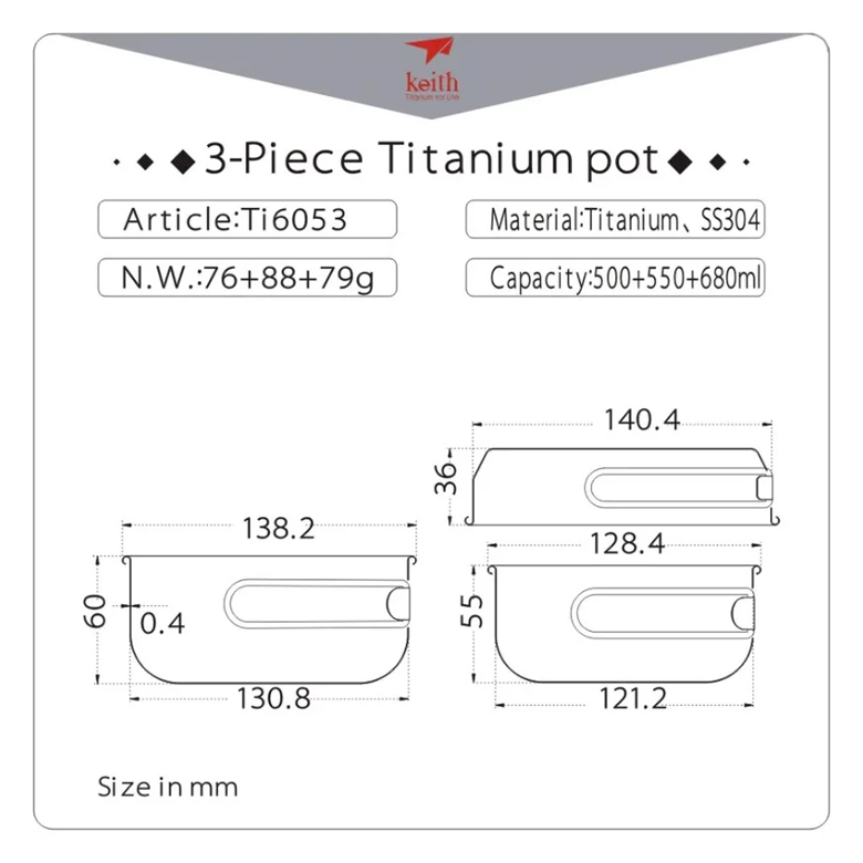 Bảng thông số kỹ thuật Nồi Keith 3-Piece Titanium Pot and Pan Cook Set kèm sơ đồ kích thước