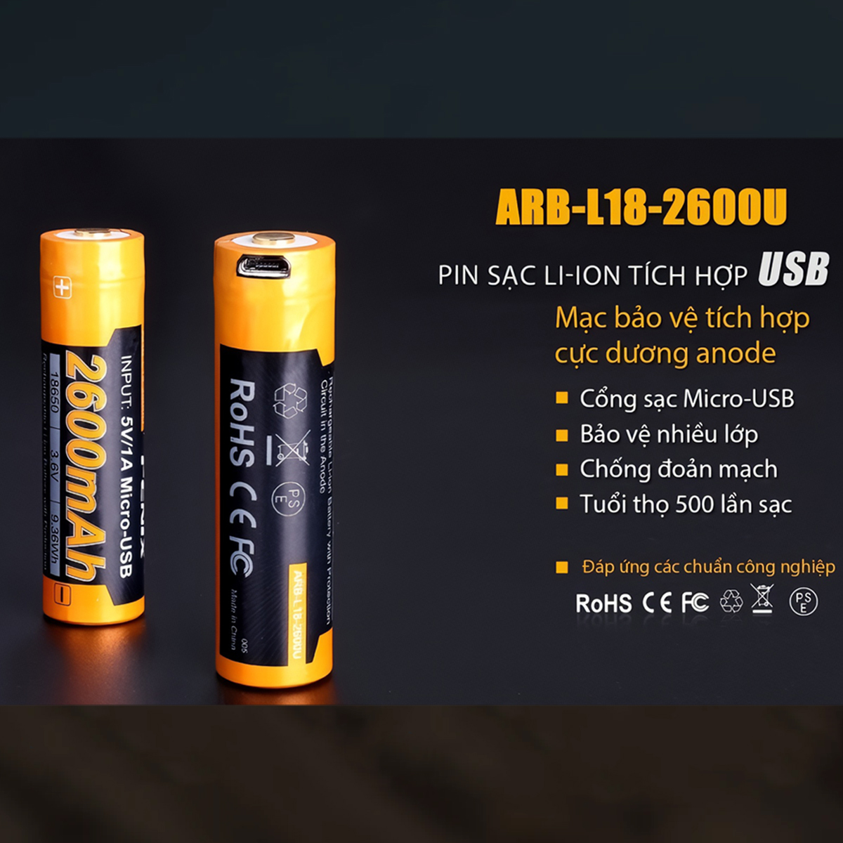 Fenix 1 Viên Pin Sạc 18650 - ARB - L18 - 2600U ( 2600 mAh - có tích hợp sạc Micro USB trên thân pin )