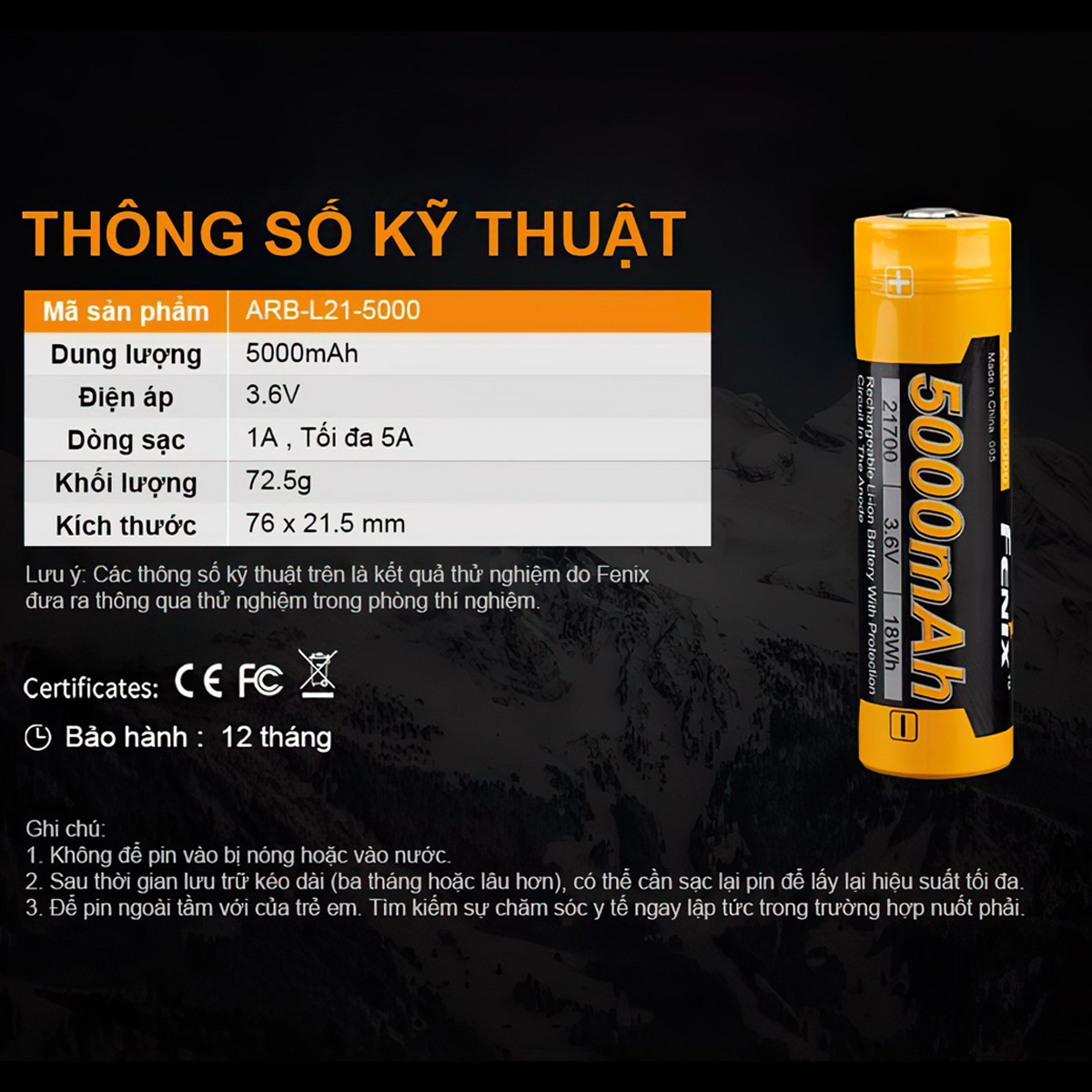Fenix  Pin sạc 21700 ARB-L21-5000 V2.0 dung lượng 5000 mAh