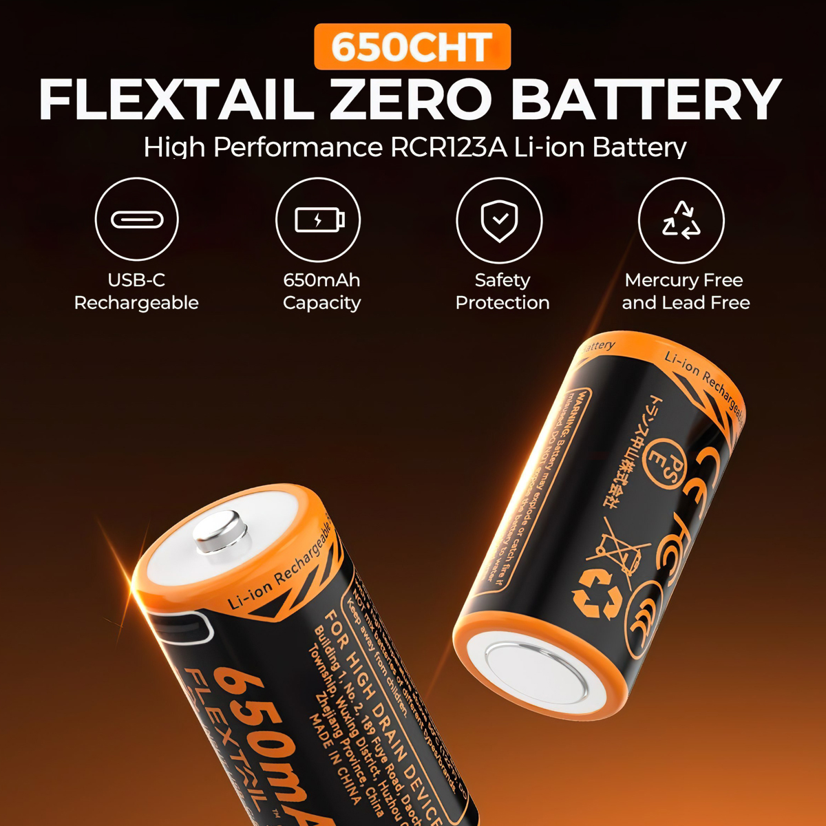 Bảng thông số pin Zero Battery 650CHT: dung lượng 650mAh, sạc USB-C, chống nước, không chì thủy ngân