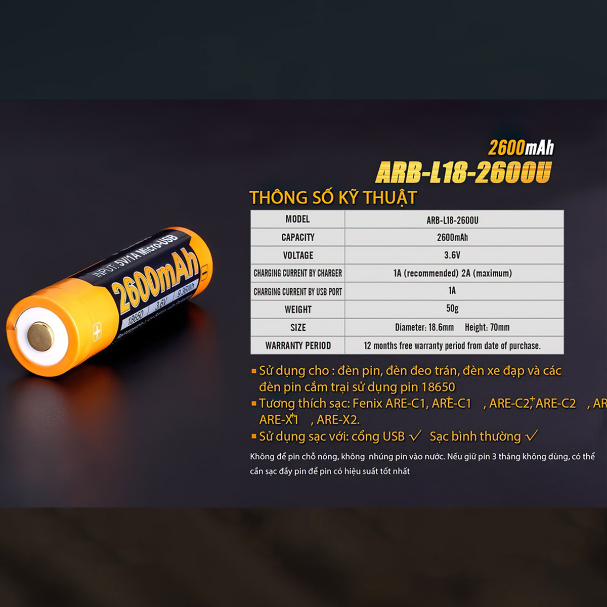 Fenix 1 Viên Pin Sạc 18650 - ARB - L18 - 2600U ( 2600 mAh - có tích hợp sạc Micro USB trên thân pin )
