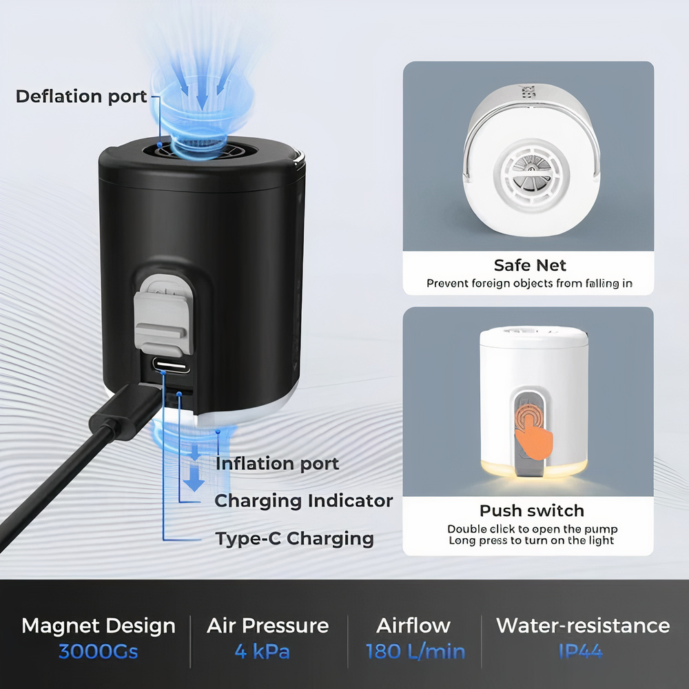 Máy bơm hơi lều đệm gối hơi cắm trại đa năng TINY PUMP 2X hút chân không kiêm đèn dã ngoại