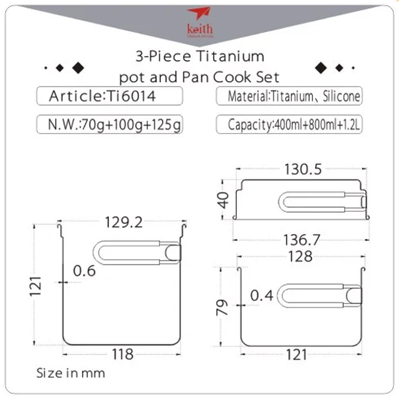 Bảng thông số 3-Piece Titanium pot and Pan Cook Set Ti6014 kèm sơ đồ kích thước