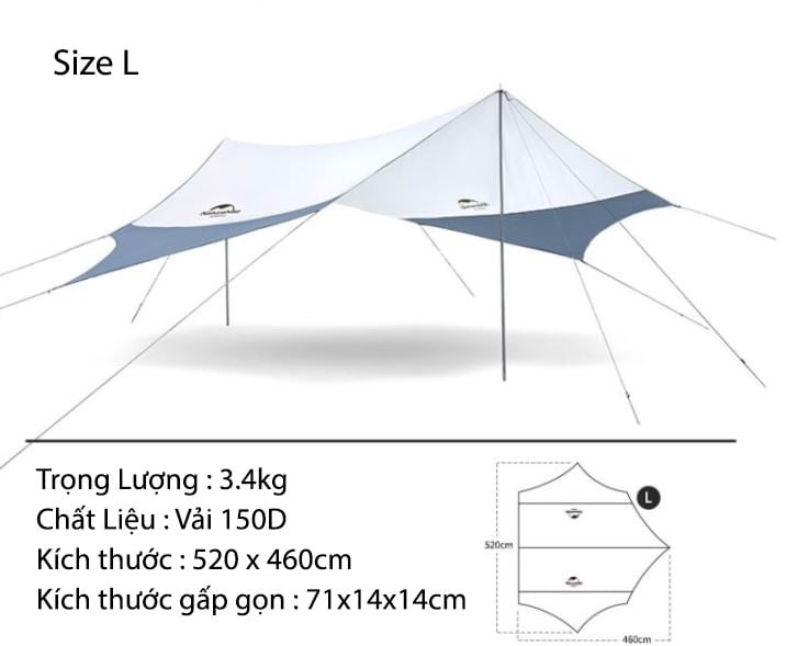 Tăng Cắm Trại Lục Giác NatureHike UPF50+ Hexagon tarp  with 2 poles NH16T012-S