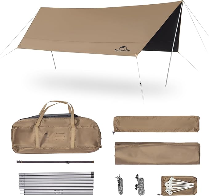Trọn bộ tăng Naturehike Cloud Skies Lite: tấm tăng, 2 cọc chống, 8 cọc ghim, 8 dây neo gió, dây đai và túi đựng