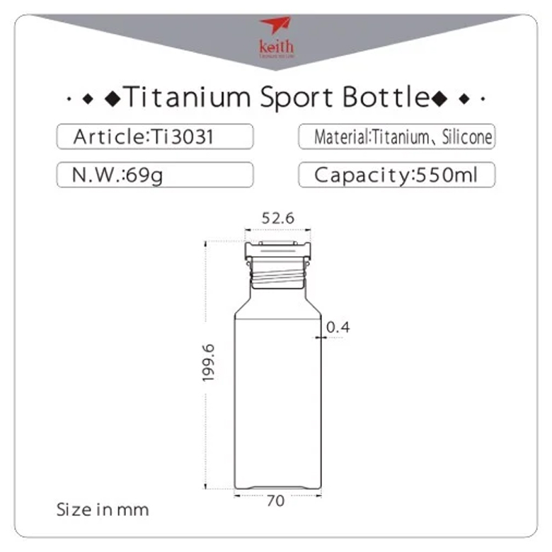 Bảng thông số kỹ thuật và sơ đồ kích thước bình nước titanium Keith Ti3031 550ml