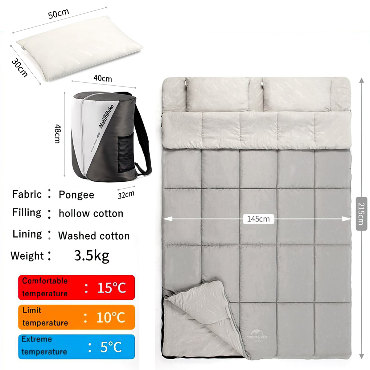 Naturehike Túi Ngủ Đôi Cotton Có Gối Bông