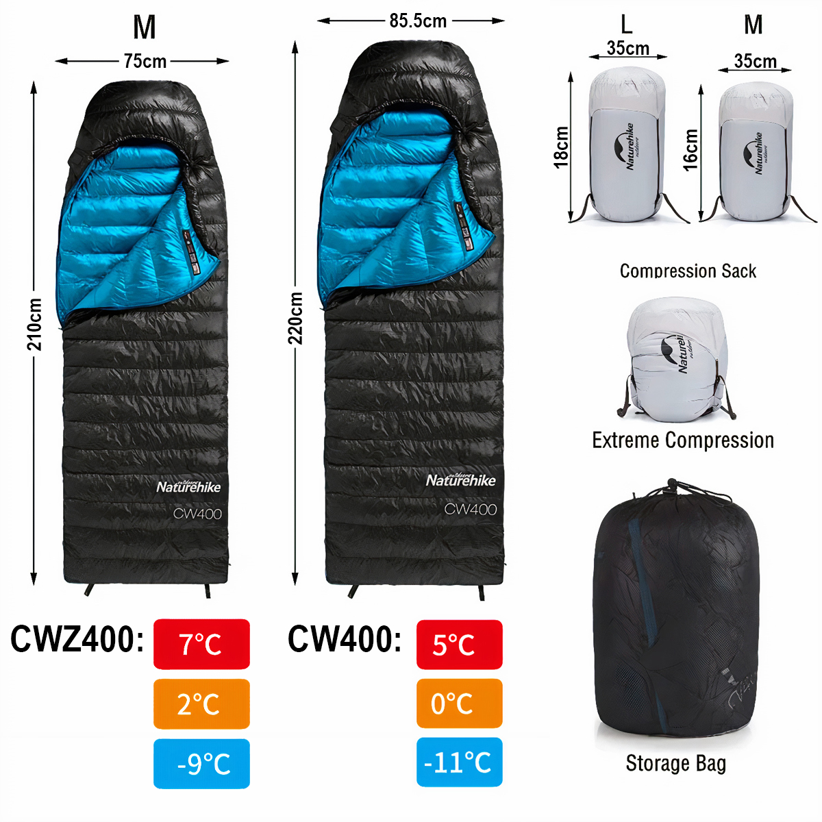 Naturehike Túi ngủ lông vũ cắm trại giữ ấm từ -  CWZ400 2-7°C - CW400 0-5°C