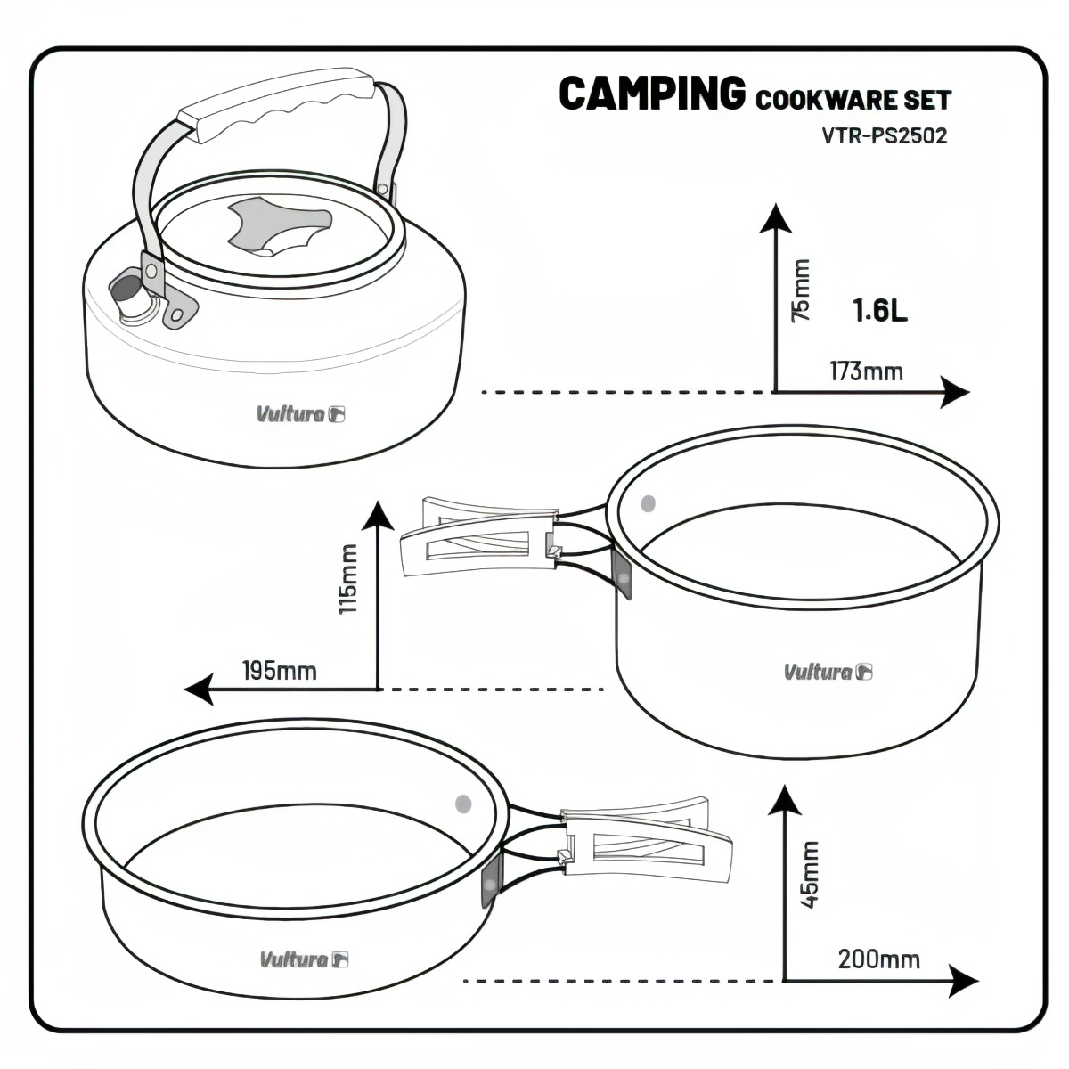 Vultura Bộ Nồi - Chảo - Ấm Nhôm Trekking Dã Ngoại Cắm Trại VTR-PS2501, VTR-PS2502