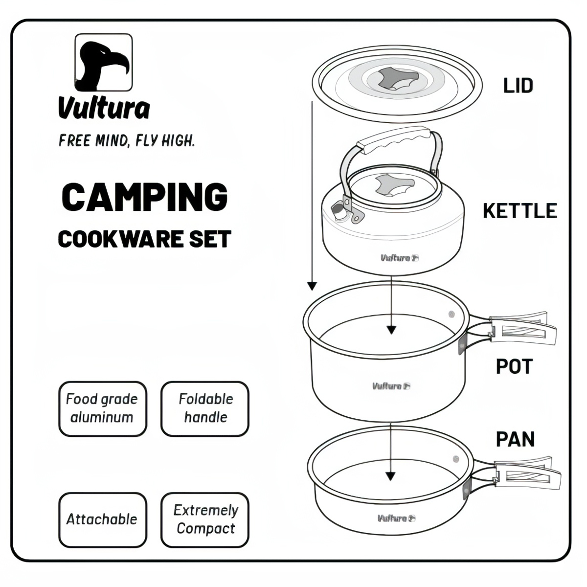 Vultura Bộ Nồi - Chảo - Ấm Nhôm Trekking Dã Ngoại Cắm Trại VTR-PS2501, VTR-PS2502