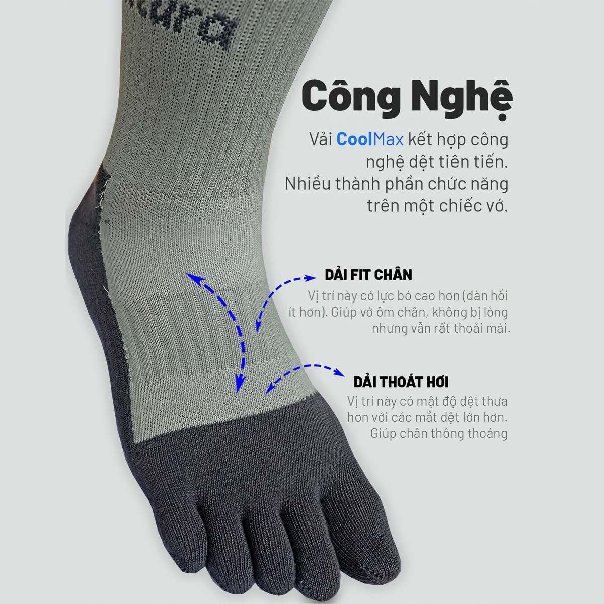 Vultura Vớ Trekking 5 Ngón Chân Coolmax Cổ Cao 5-toe Socks VTR-SC2501