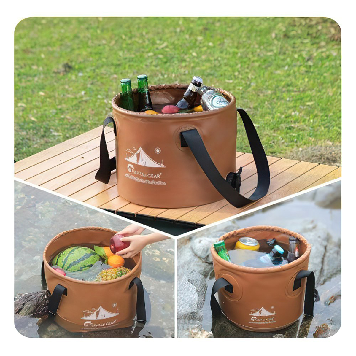 Ảnh ghép xô nước gấp gọn Flextail Flex Bucket đựng đồ uống và được xách trên bàn cắm trại