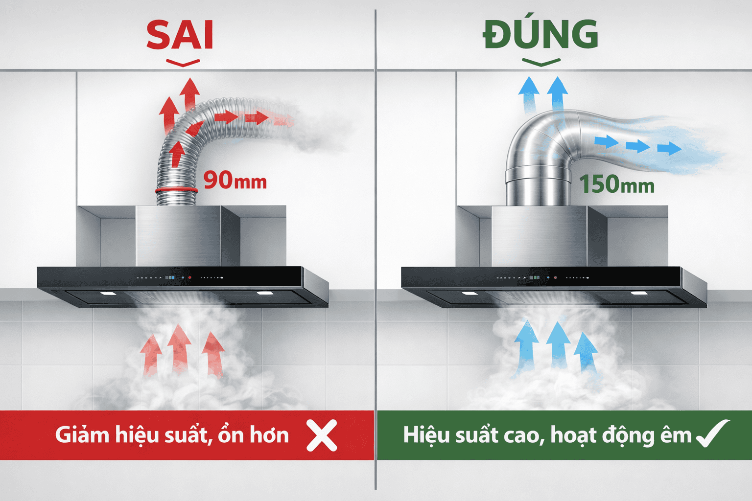 Kích Thước Ống Thoát Máy Hút Mùi Chuẩn Là Bao Nhiêu? Tại Sao Nên Dùng Phi 150 Thay Vì Phi 90?