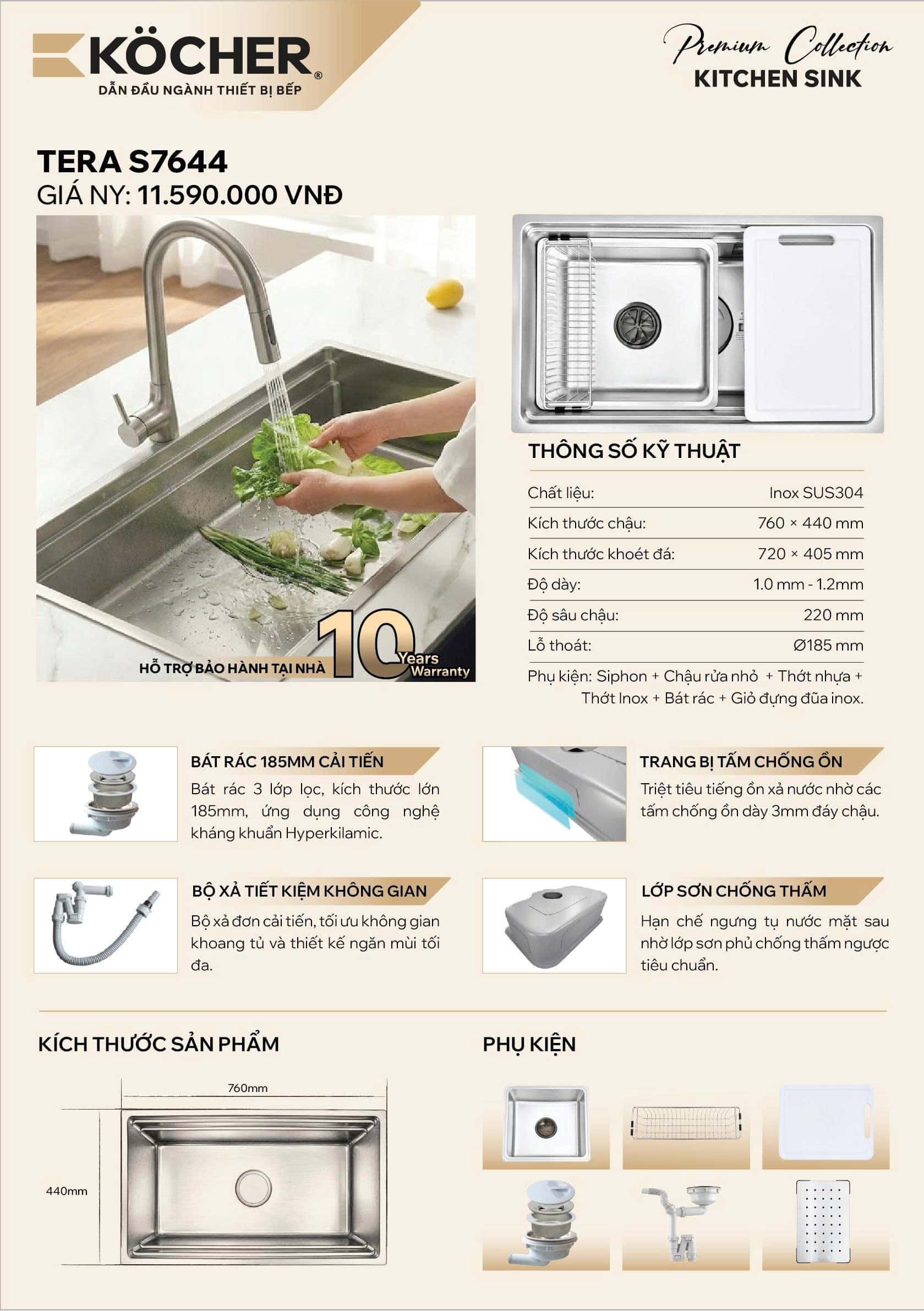 Thông tin chi tiết về chậu rửa chén Kocher Tera S7644