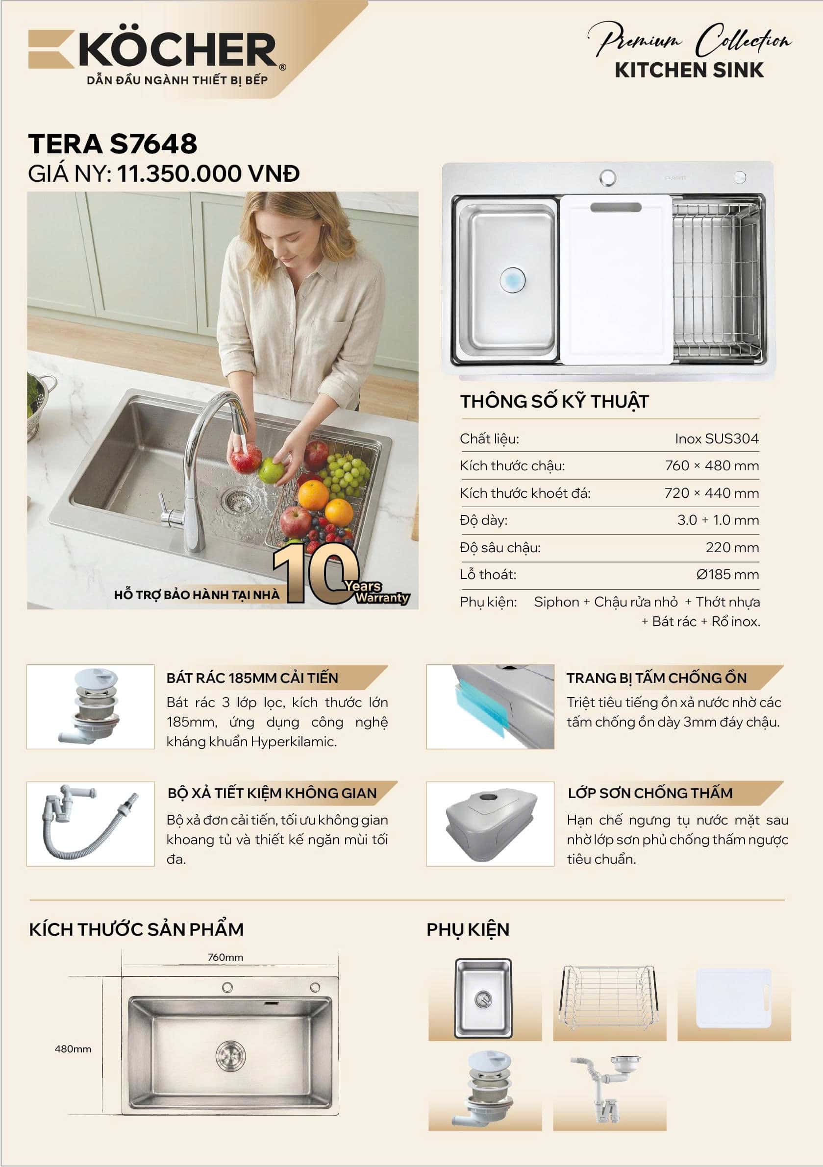 Thông tin chi tiết về chậu rửa Kocher Tera S7648 