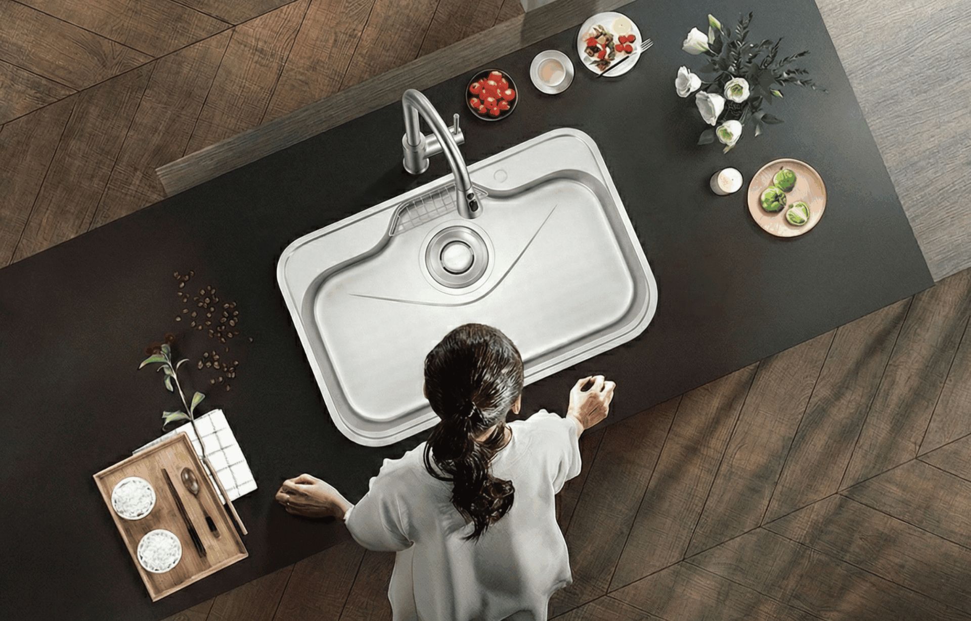 Châu rửa chén Kocher Tera S7848 lắp đặt trên bàn đá bếp
