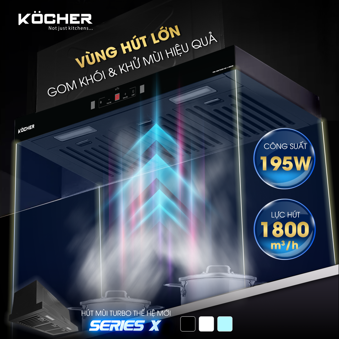 Vùng hút lớn của máy hút mùi kocher turbo x-350D