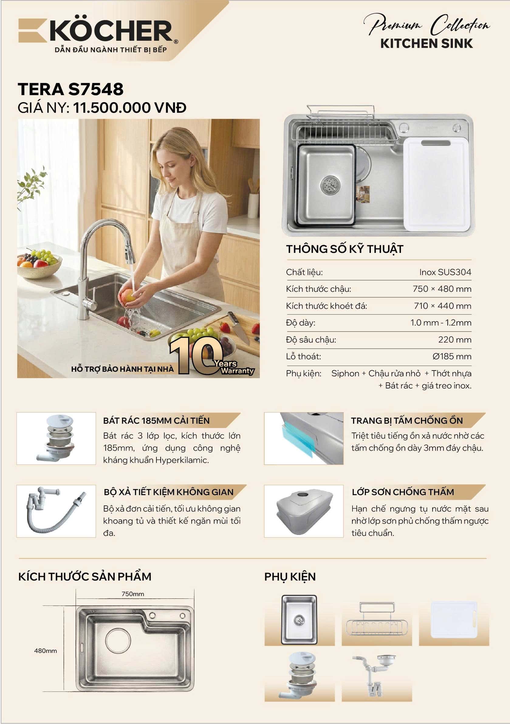Thông tin chi tiết về chậu rửa kocher tera s7548 