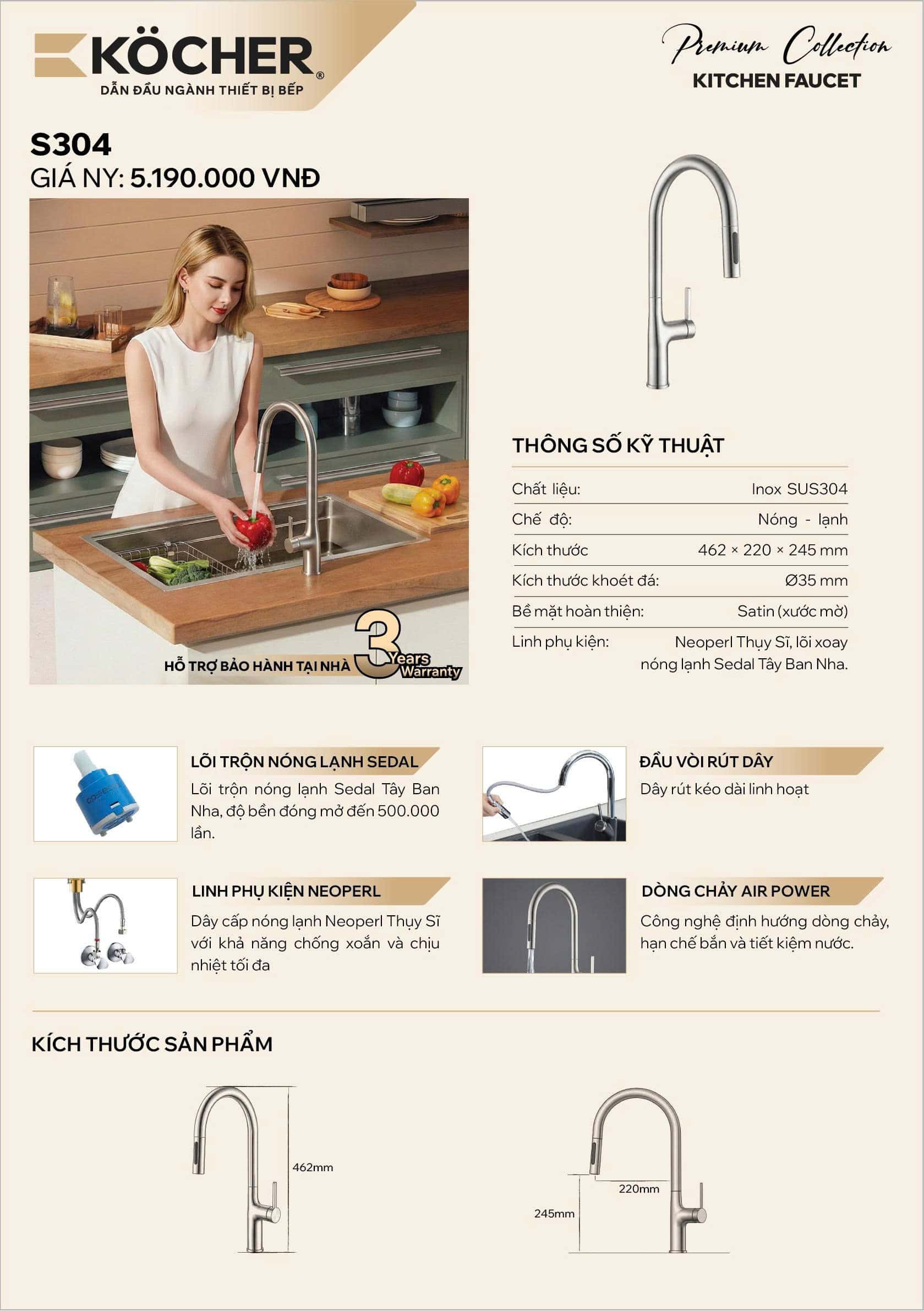 Thông tin chi tiết về vòi rửa chén Kocher S304
