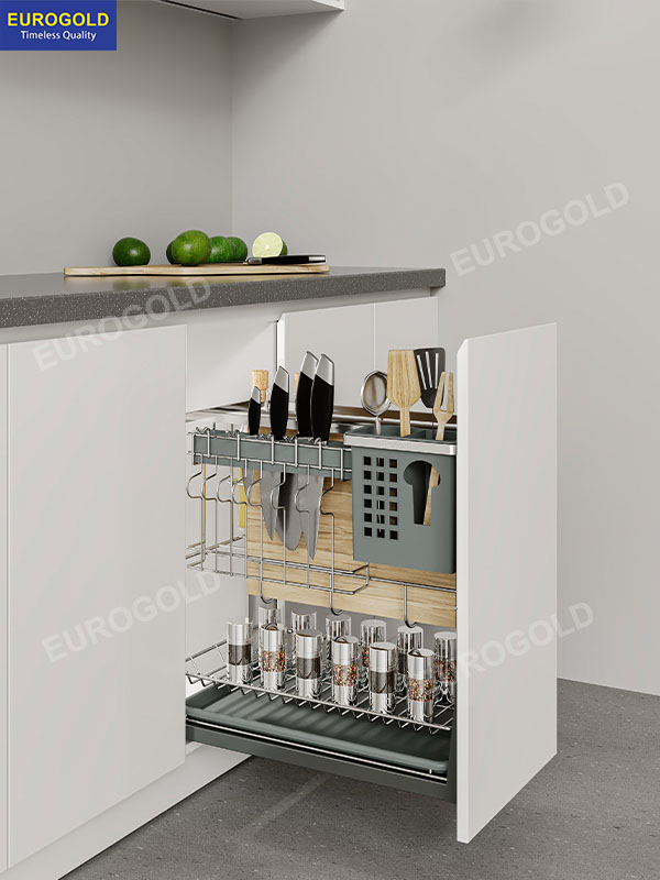 Giá dao thớt nan dẹt inox mờ cao cấp ray giảm chấn Eurogold E20