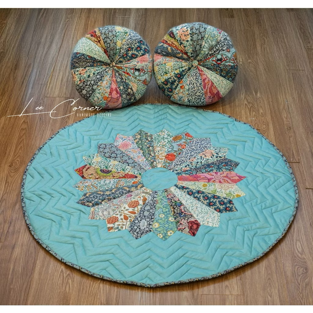 Thảm thiền ghép vải LEE CORNER, thảm tròn decor, thảm chống trượt, thảm thiền hoa cúc, thảm toạ