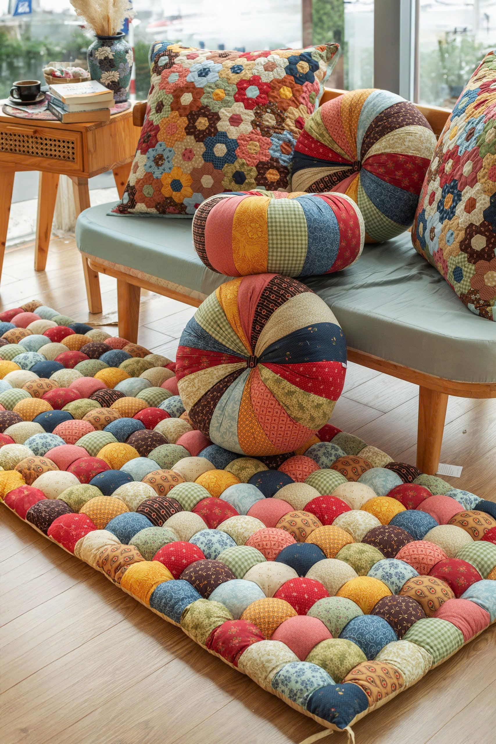 Thảm ghép vải, thảm decor phòng khách, đệm ghép vải