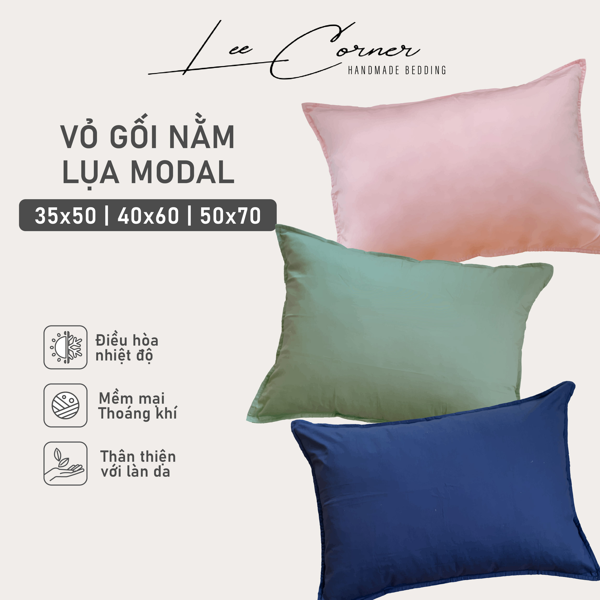 Vỏ gối Lụa Modal mầu trơn LEE CORNER cao cấp, áo gối nằm đủ size 25x35cm, 35x50cm 40x60cm 50x70cm 48x74cm
