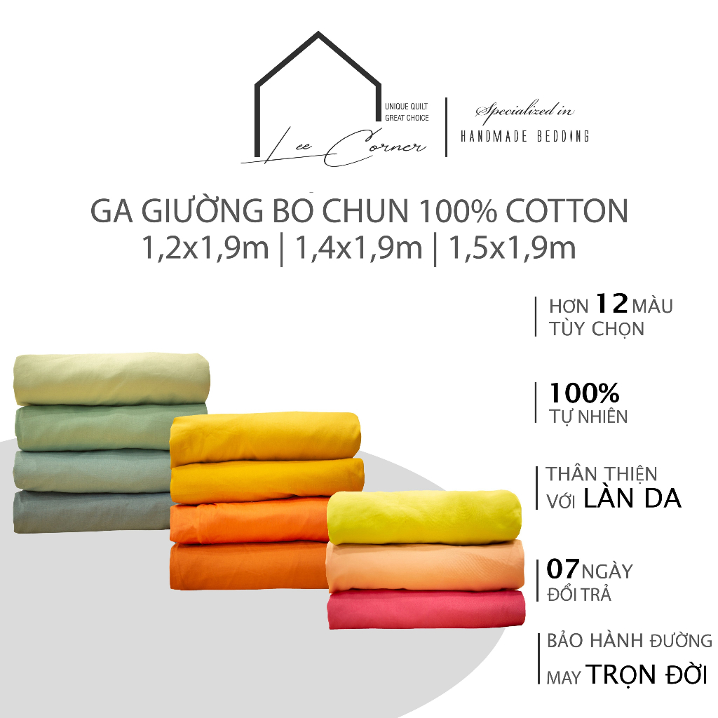 Ga giường 1m2, 1m4, 1m5x1m9 Cotton cao cấp LEE CORNER, vải Thô lụa Hàn, drap giường size 1,2x1,9m 1,4x1,9m 1,5x1,9m