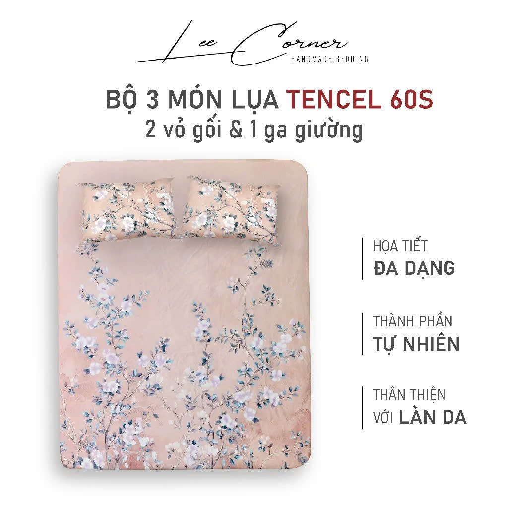 Bộ 3 món ga gối lụa Tencel 60S cao cấp LEE CORNER, gồm 2 vỏ gối 50x70 và 1 ga giường size 1m6 1m8 2m2 (may theo yêu cầu)
