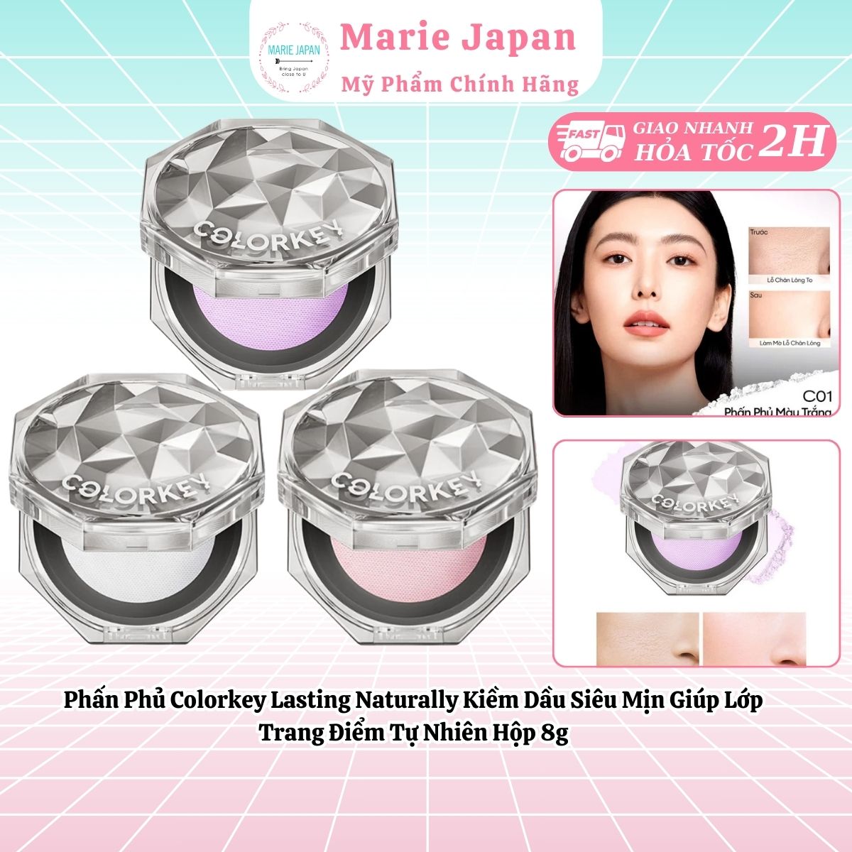 Phấn Phủ Colorkey Lasting Naturally Kiềm Dầu Siêu Mịn Giúp Lớp Trang Điểm Tự Nhiên Hộp 8g