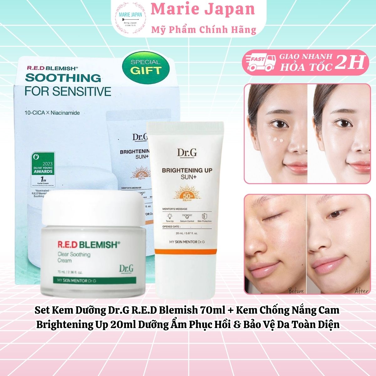 Set Kem Dưỡng Dr.G R.E.D Blemish 70ml + Kem Chống Nắng Cam Brightening Up 20ml Dưỡng Ẩm Phục Hồi & Bảo Vệ Da Toàn Diện