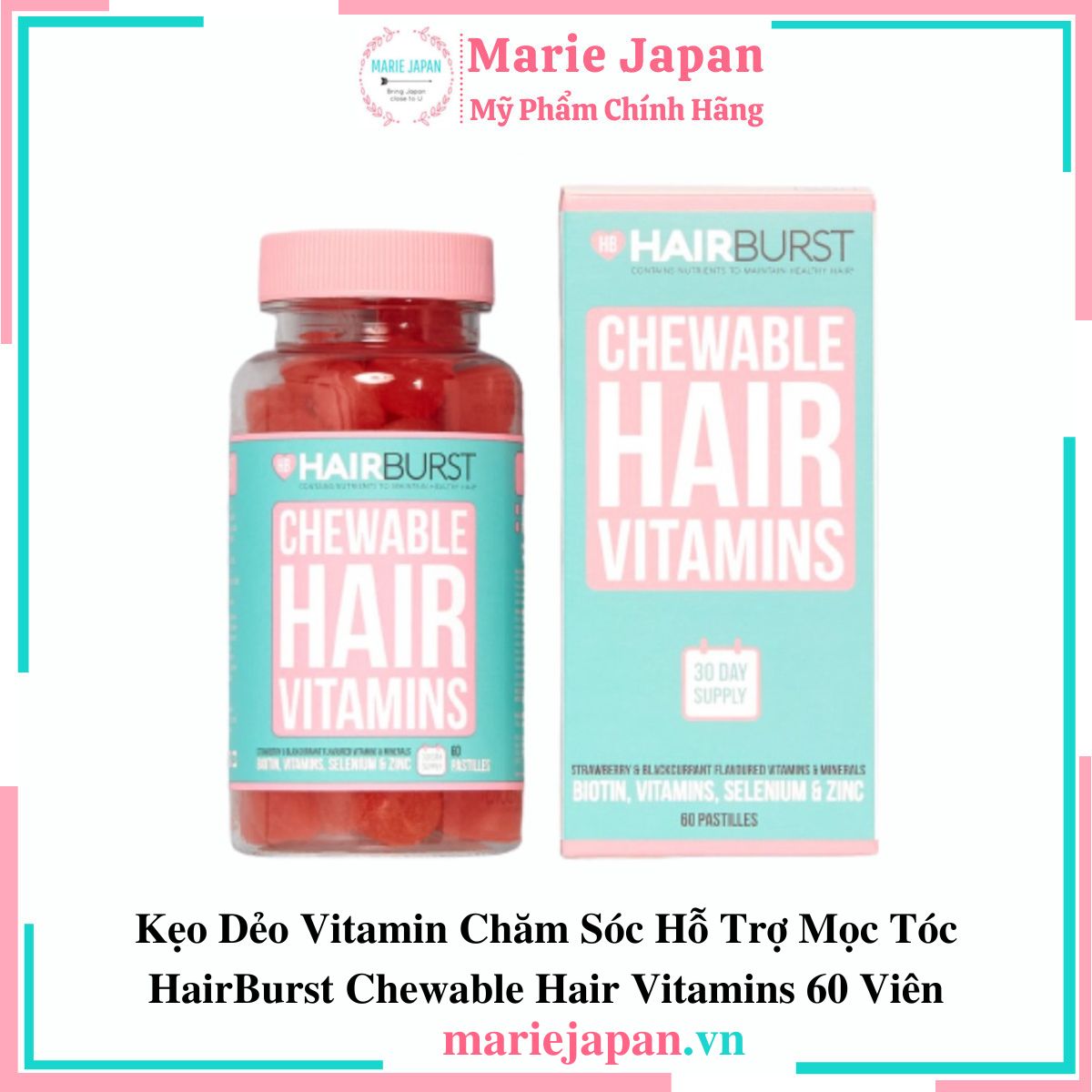 Kẹo Dẻo Vitamin Chăm Sóc Hỗ Trợ Mọc Tóc HairBurst Chewable Hair Vitamins 60 Viên