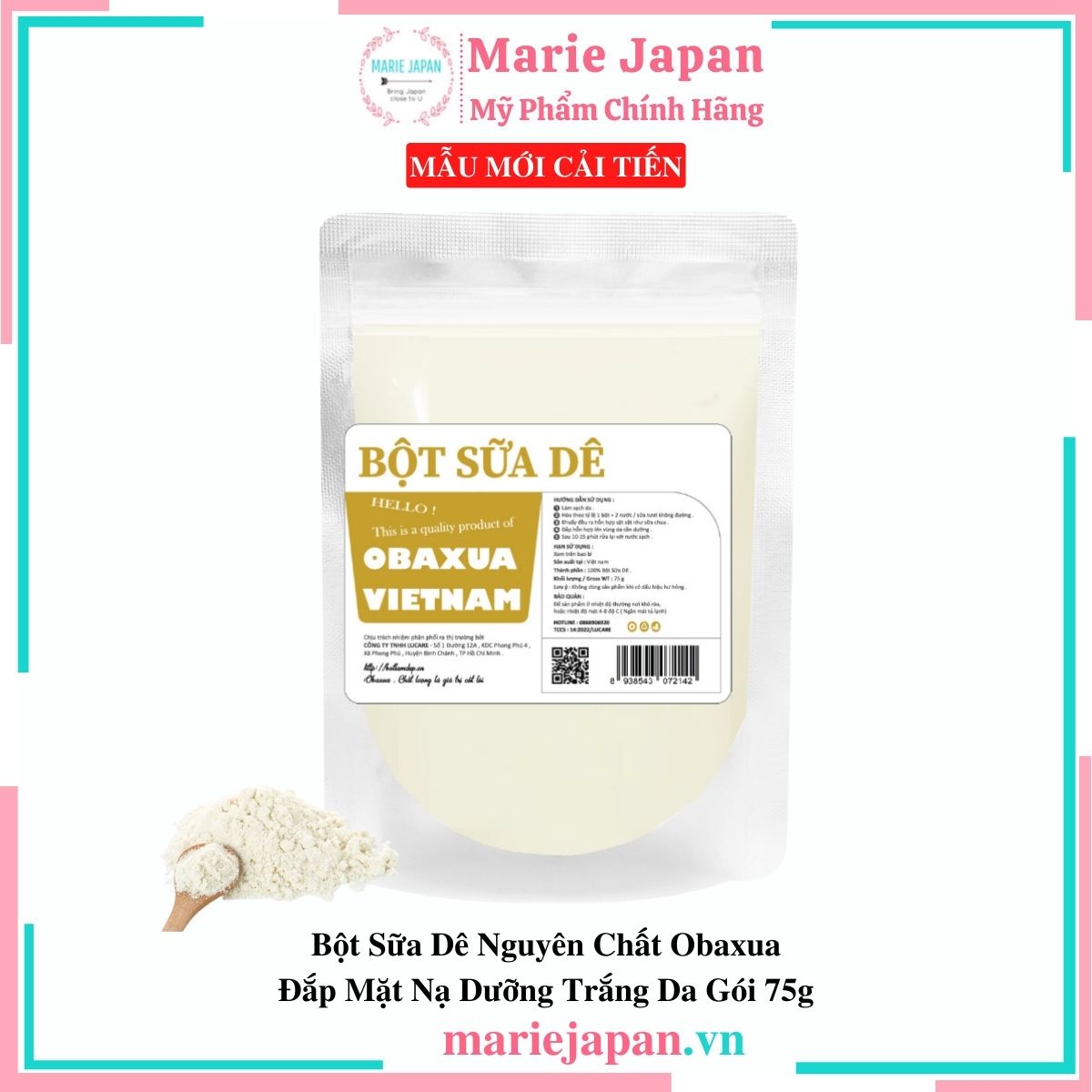 Bột Sữa Dê Nguyên Chất Obaxua Đắp Mặt Nạ Dưỡng Trắng Da Gói 75g