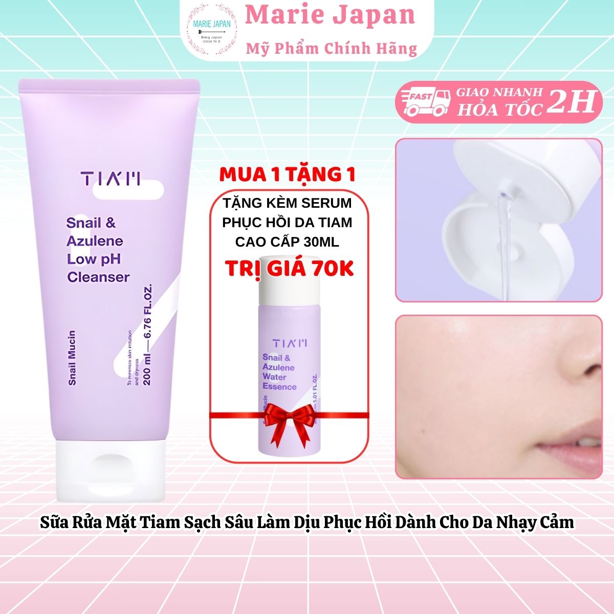 Sữa Rửa Mặt TIAM Snail & Azulene Low Ph Cleanser Dịch Lọc Ốc Sên Làm Dịu Phục Hồi Da Hàn Quốc 200ml - TẶNG KÈM SERUM PHỤC HỒI DA TIAM CAO CẤP 30ML