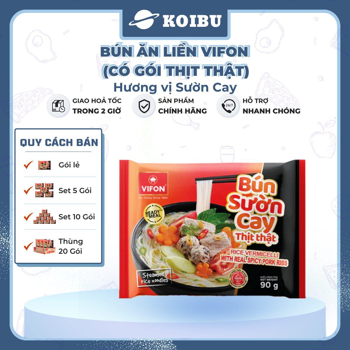 VIFON - Bún sườn cay thịt thật Vifon, bún sườn cay Vifon thịt thật, bún Vifon ăn liền thịt thật - 90g/gói