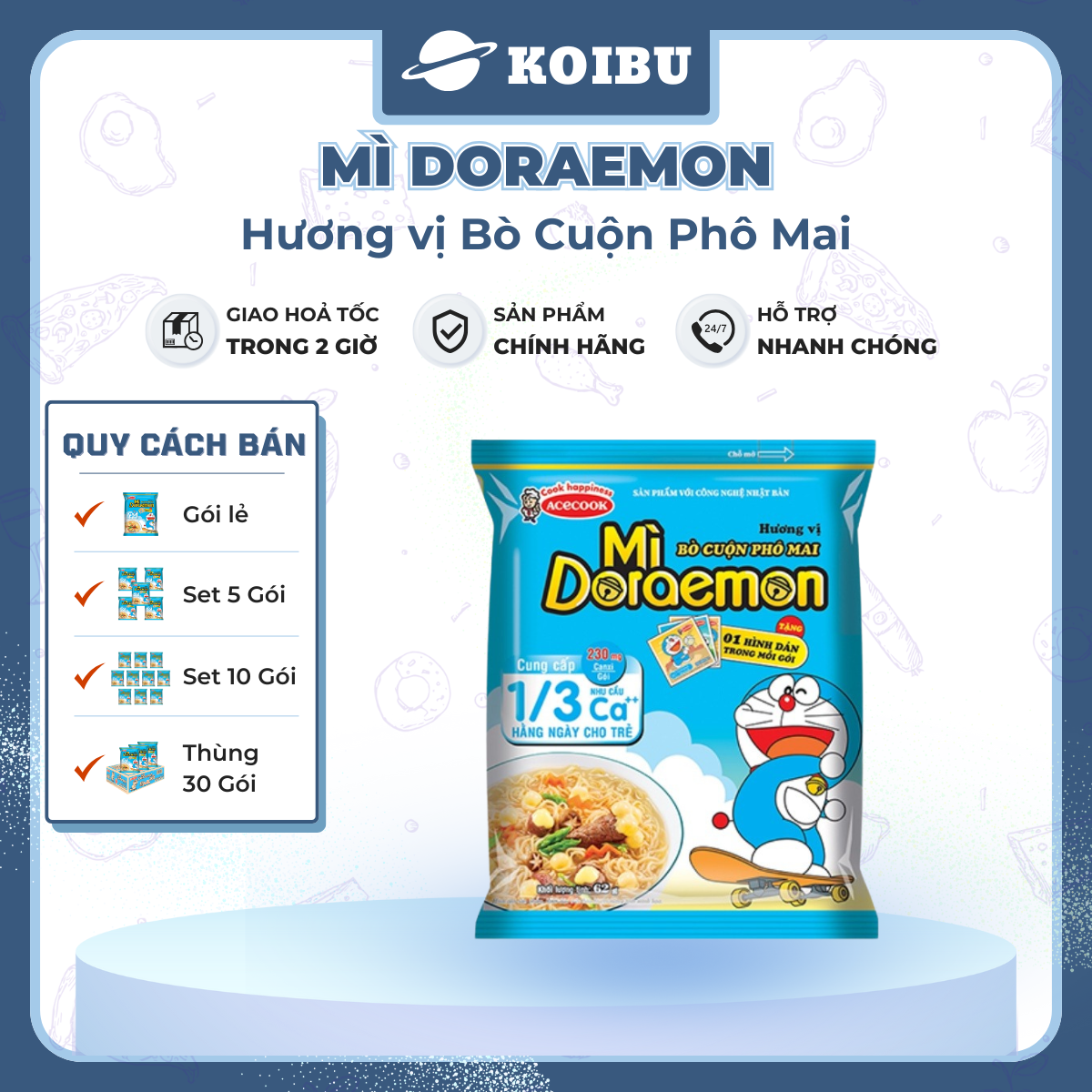ACECOOK - Mì Doraemon hương vị bò cuộn phô mai, Mì ăn liền trẻ em, Mì Doremon bổ sung canxi, Mì gói Doraemon - 62g/gói - 00069