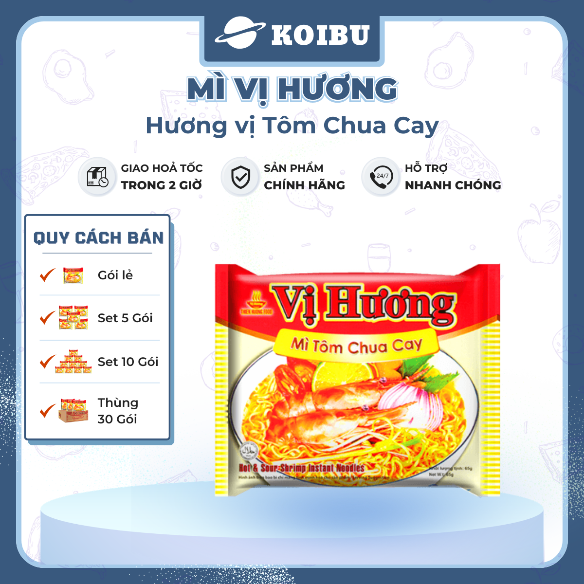 THIEN HUONG FOOD - Mì Vị Hương hương vị Tôm chua cay, Mì Tôm chua cay Vị Hương ăn liền, Mì tôm ăn liền - 65g/gói  - 00867