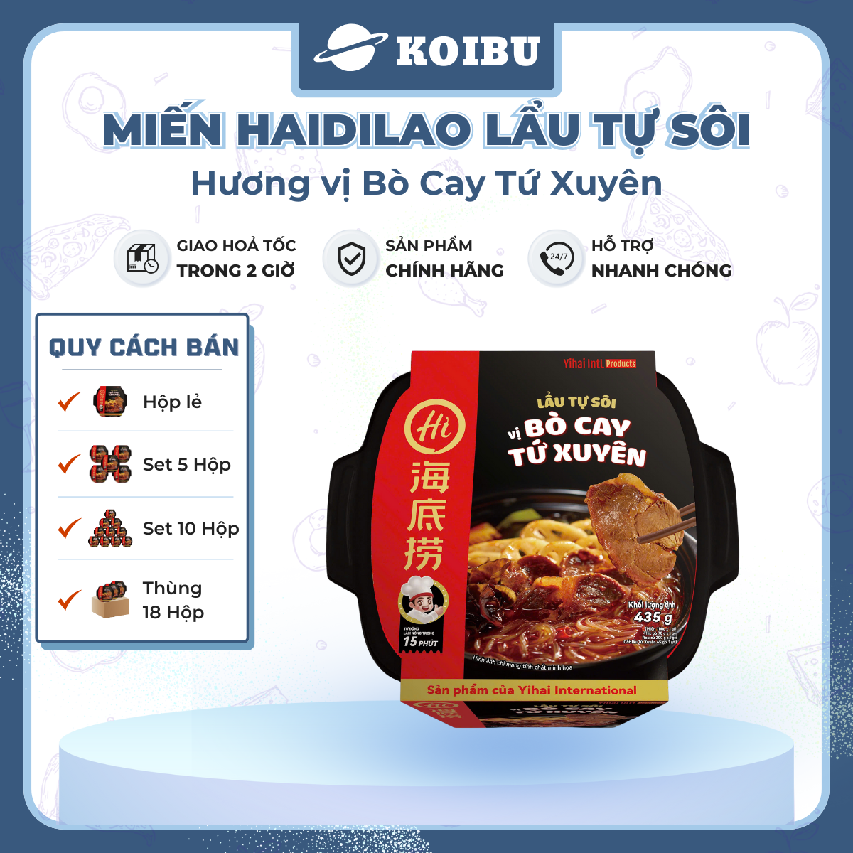YIHAI - Lẩu tự sôi Haidilao hương vị Bò cay Tứ Xuyên, Hadilao Lẩu bò cay Tứ Xuyên Hadilao ăn liền - 435g/hộp - 00788