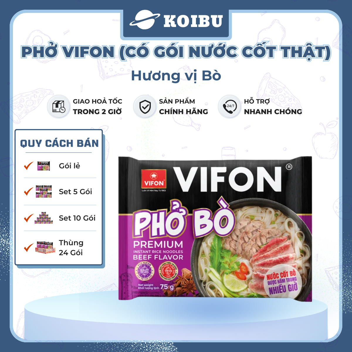 VIFON - Phở Vifon có gói xốt thịt hương vị Bò, Phở bò Vifon có gói nước cốt thịt, Phở ăn liền Vifon - 75g/gói - 00779