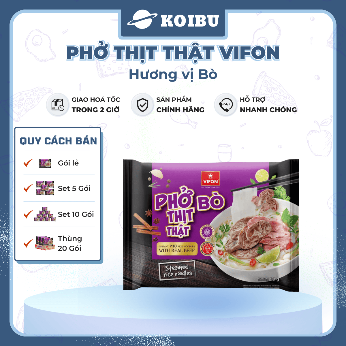 VIFON - Phở Vifon thịt thật hương vị Bò, Vifon Phở bò thịt thật Vifon, Phở thịt thật Vifon ăn liền - 90g/gói - 00813