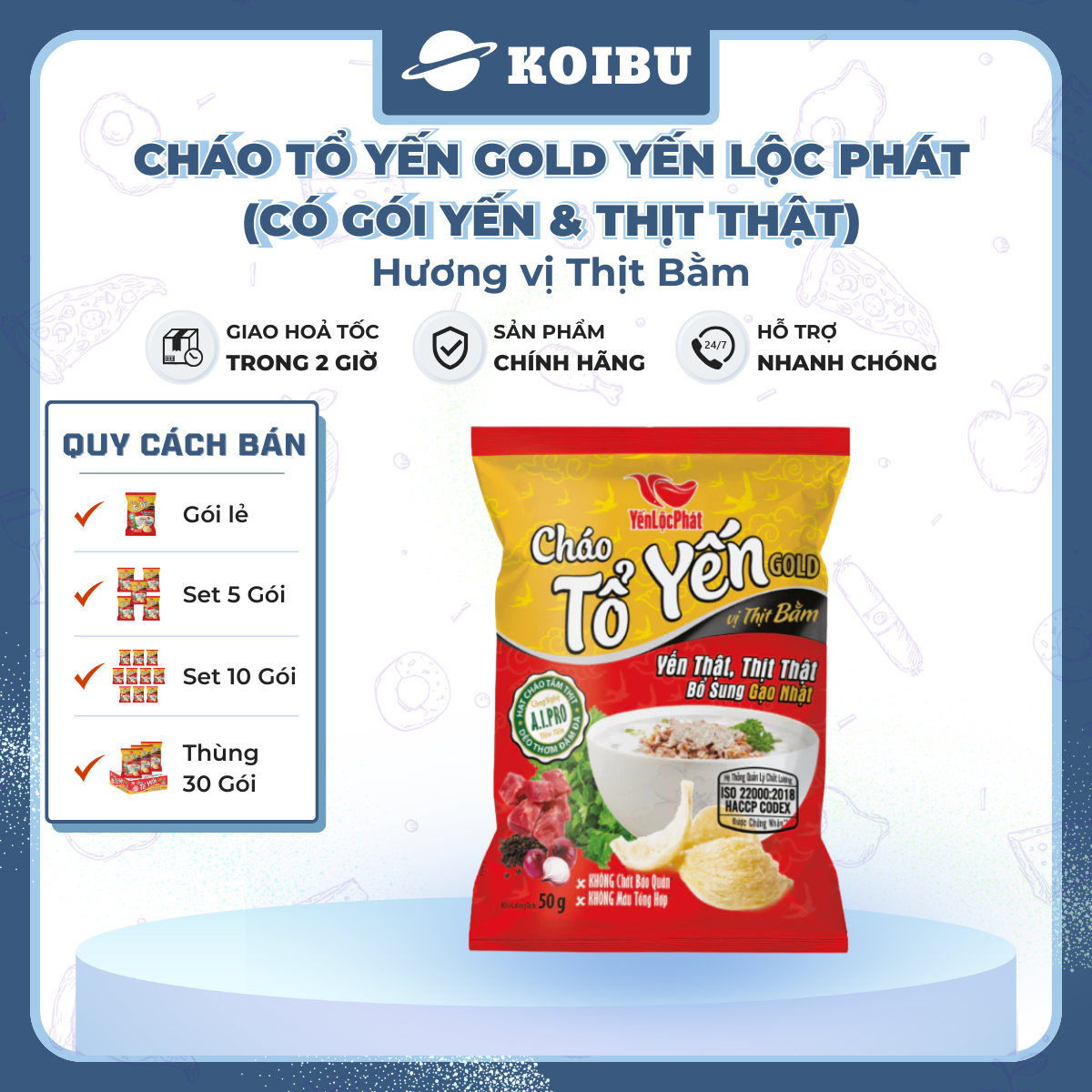YẾN LỘC PHÁT - Cháo tổ yến Gold Yến Lộc Phát hương vị Thịt bằm, Cháo tổ yến thịt bằm Yến Lộc Phát - 50g/gói - 00825