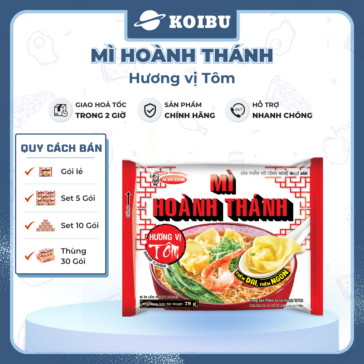ACECOOK - Mì Hoành Thánh hương vị Tôm, Mì Hoành Thánh tôm ăn liền, Mì vằn thắn tôm Acecook ăn liền - 79g/gói - 00032