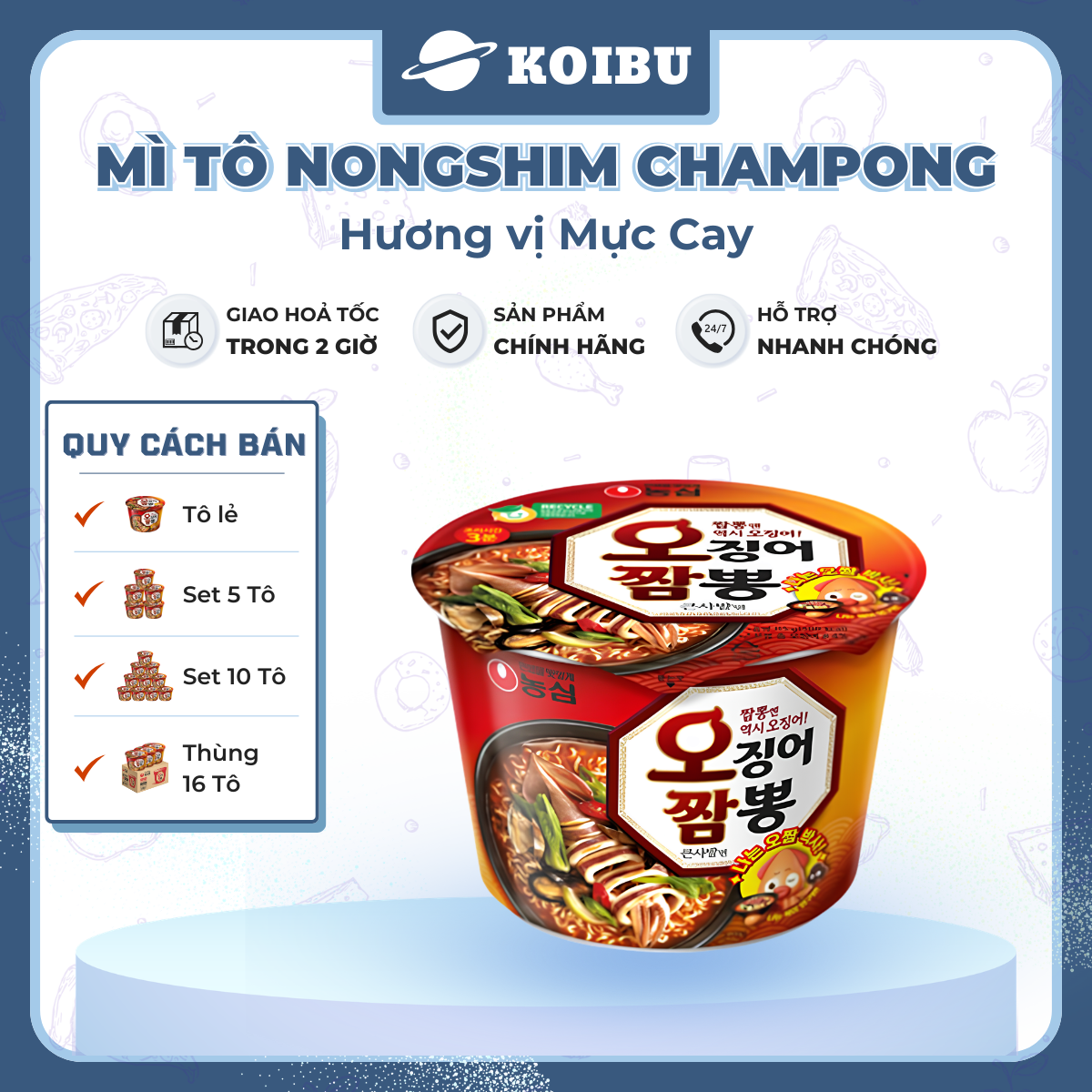 NONGSHIM - Mì tô Champong hương vị mực cay, Mì hải sản Champong, Mì mực cay Champong Hàn Quốc - 115g/tô - 00545
