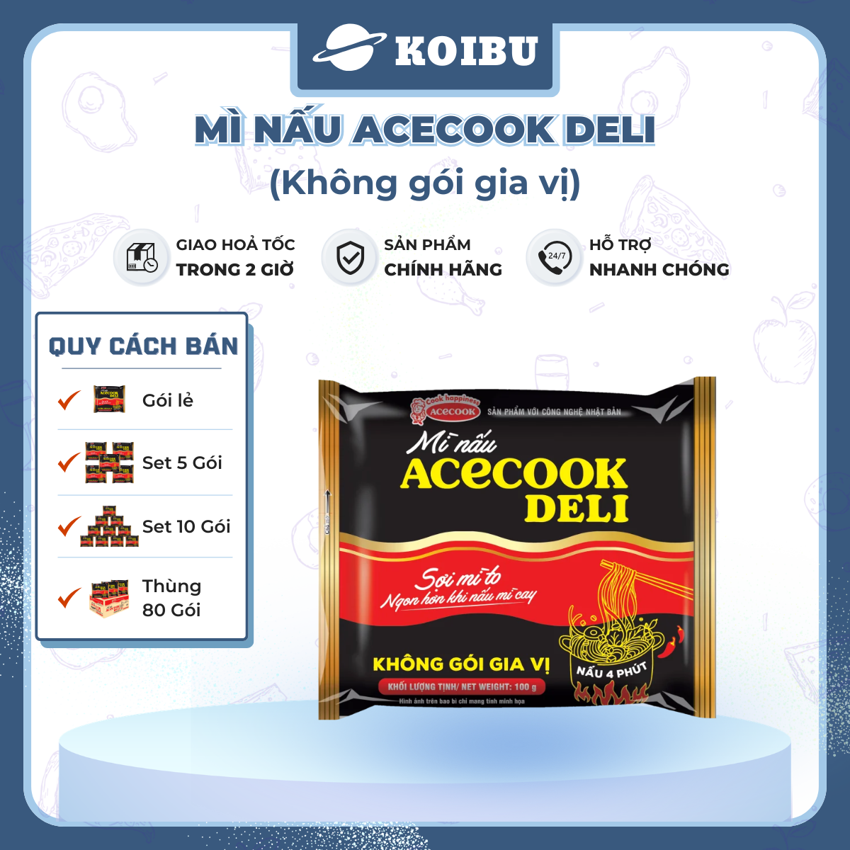 ACECOOK - Mì nấu Acecook Deli không gói gia vị, Mì nấu không gia vị Acecook Deli, Mì nấu 4 phút Acecook Deli - 100g/gói - 00893