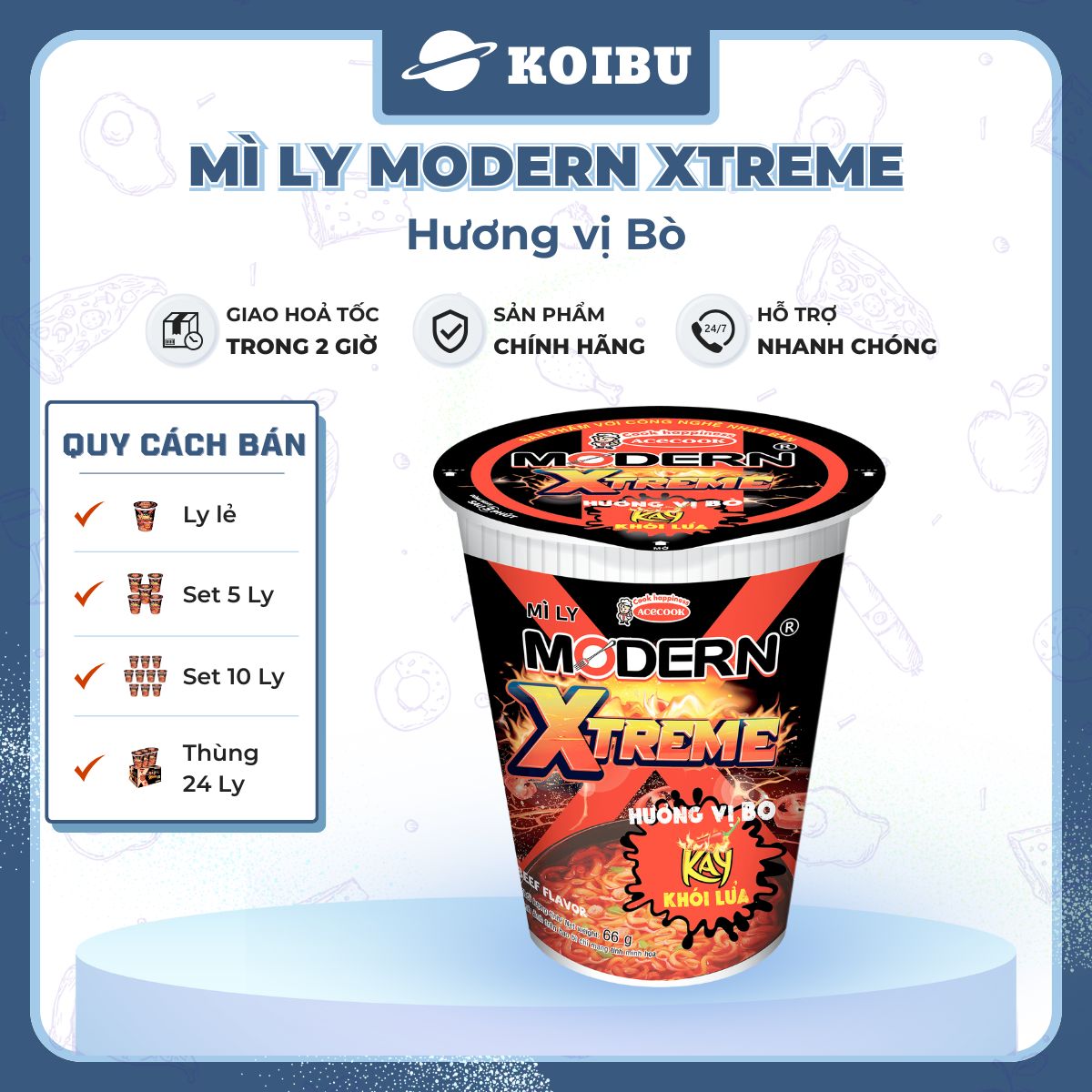 ACECOOK - Mì ly Modern Xtreme hương vị Bò, Mì bò Modern Xtreme ly, Mì Modern Extreme ly ăn liền - 65g/ly - 00012