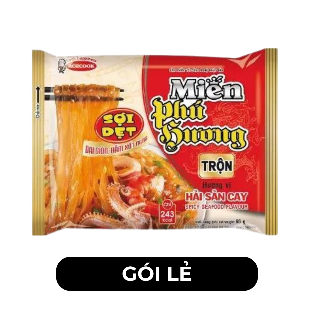 ACECOOK - Miến trộn Phú Hương Hải sản cay sợi dẹt, miến trộn Hải sản cay Phú Hương sợi dẹt Acecook - 66g/gói - 00179
