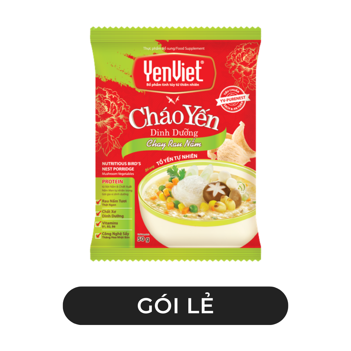 YENVIET - Cháo yến dinh dưỡng YenViet hương vị Chay rau nấm, Cháo Yến Việt ăn liền chay rau nấm - 50g/gói - 00601