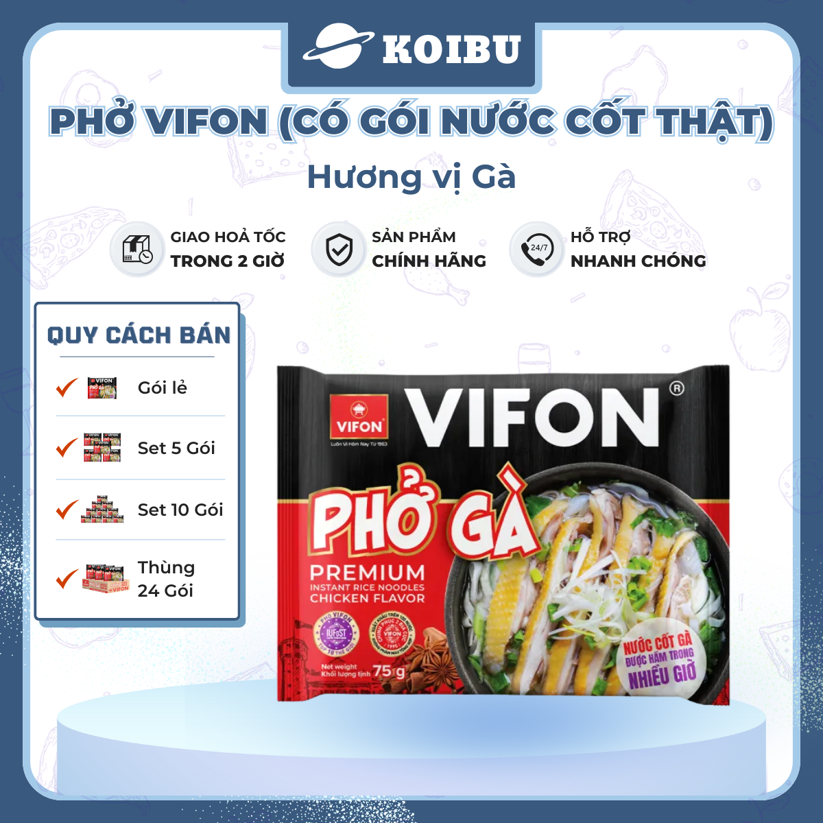VIFON - Phở Vifon có gói xốt thịt hương vị Gà, Phở gà Vifon có gói nước cốt thịt, Phở ăn liền Vifon - 75g/gói - 00778