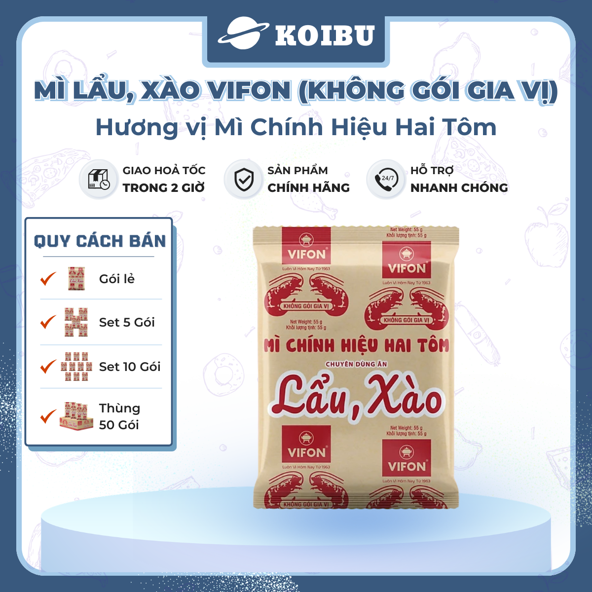 VIFON - Mì chính hiệu hai tôm Vifon không gia vị, Mì Vifon không gia vị, Vifon Mì lẩu xào Vifon - 55g/gói - 00827
